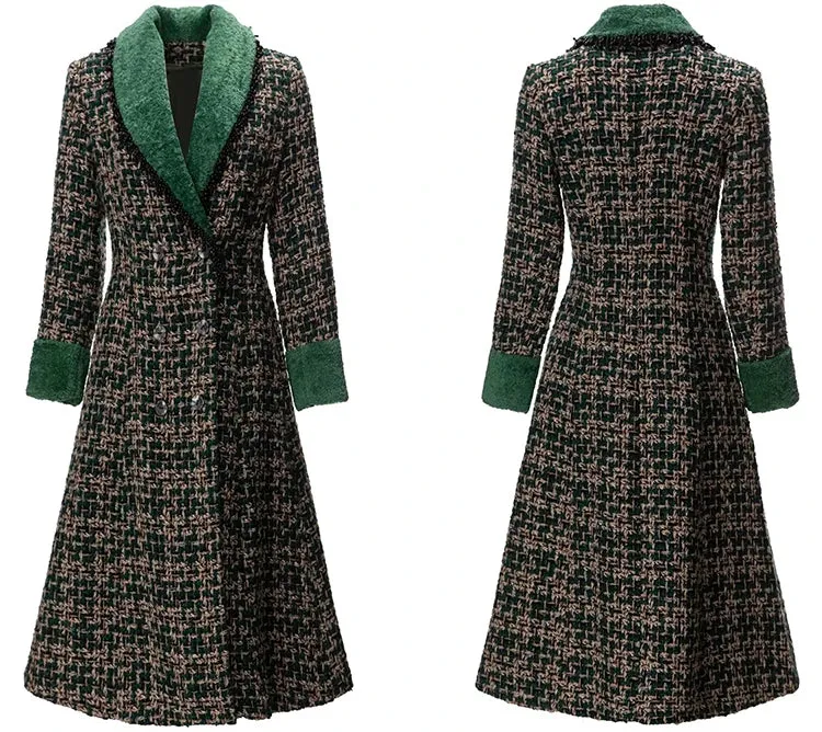 Beading Pockets Plaid Tweed Coat