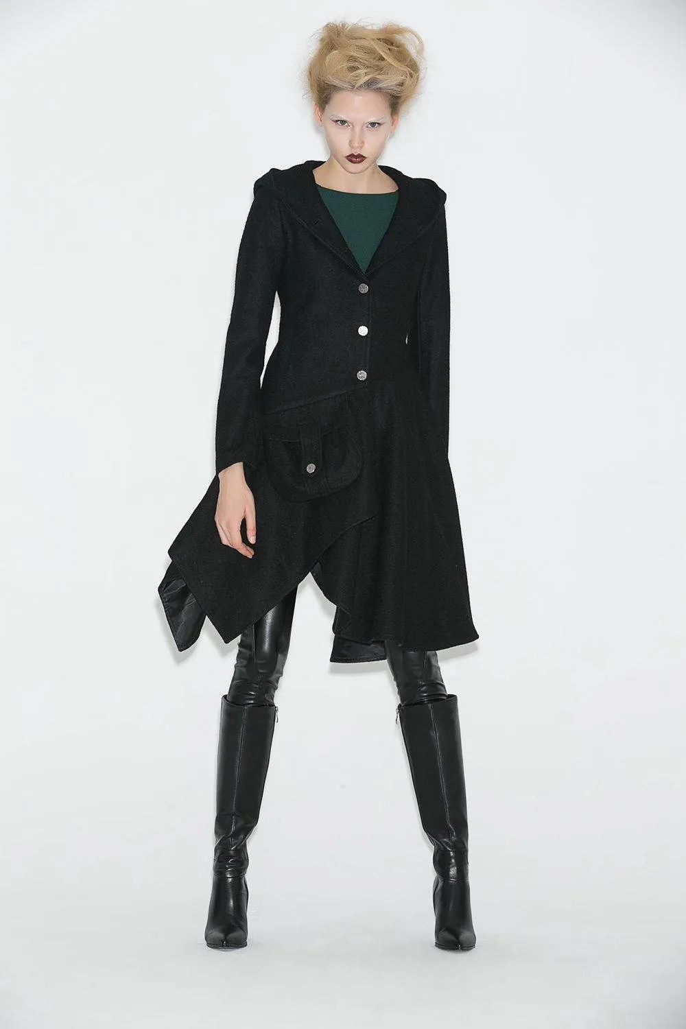 Black Swing Coat - Contemporary Unique Design Winter Jacket with Pixie Rag Hemline and Large Front Pocket C671