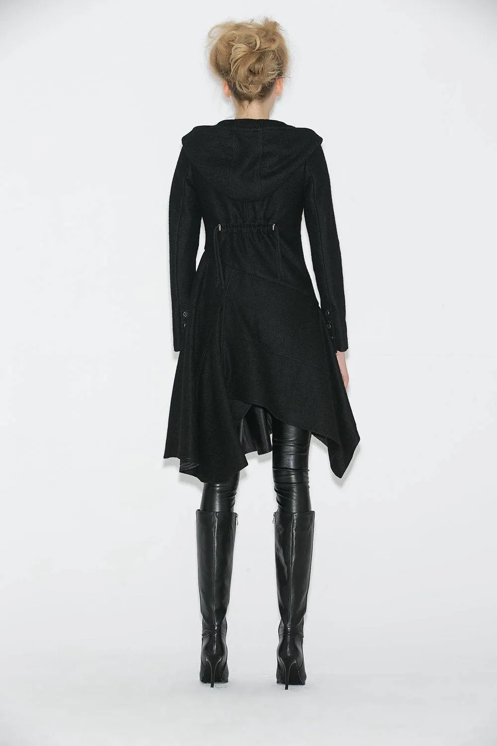 Black Swing Coat - Contemporary Unique Design Winter Jacket with Pixie Rag Hemline and Large Front Pocket C671