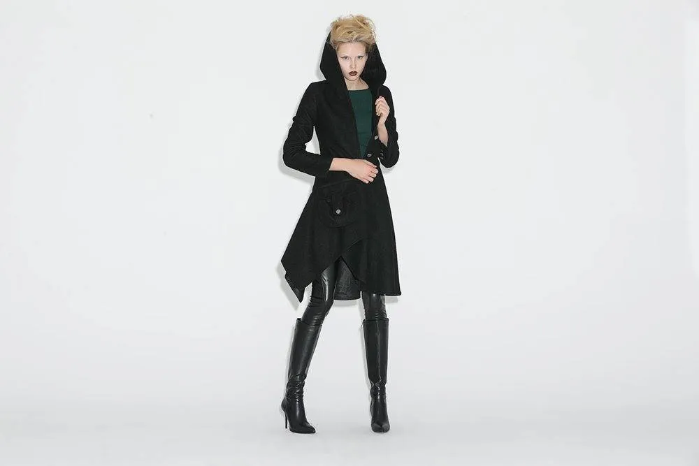 Black Swing Coat - Contemporary Unique Design Winter Jacket with Pixie Rag Hemline and Large Front Pocket C671