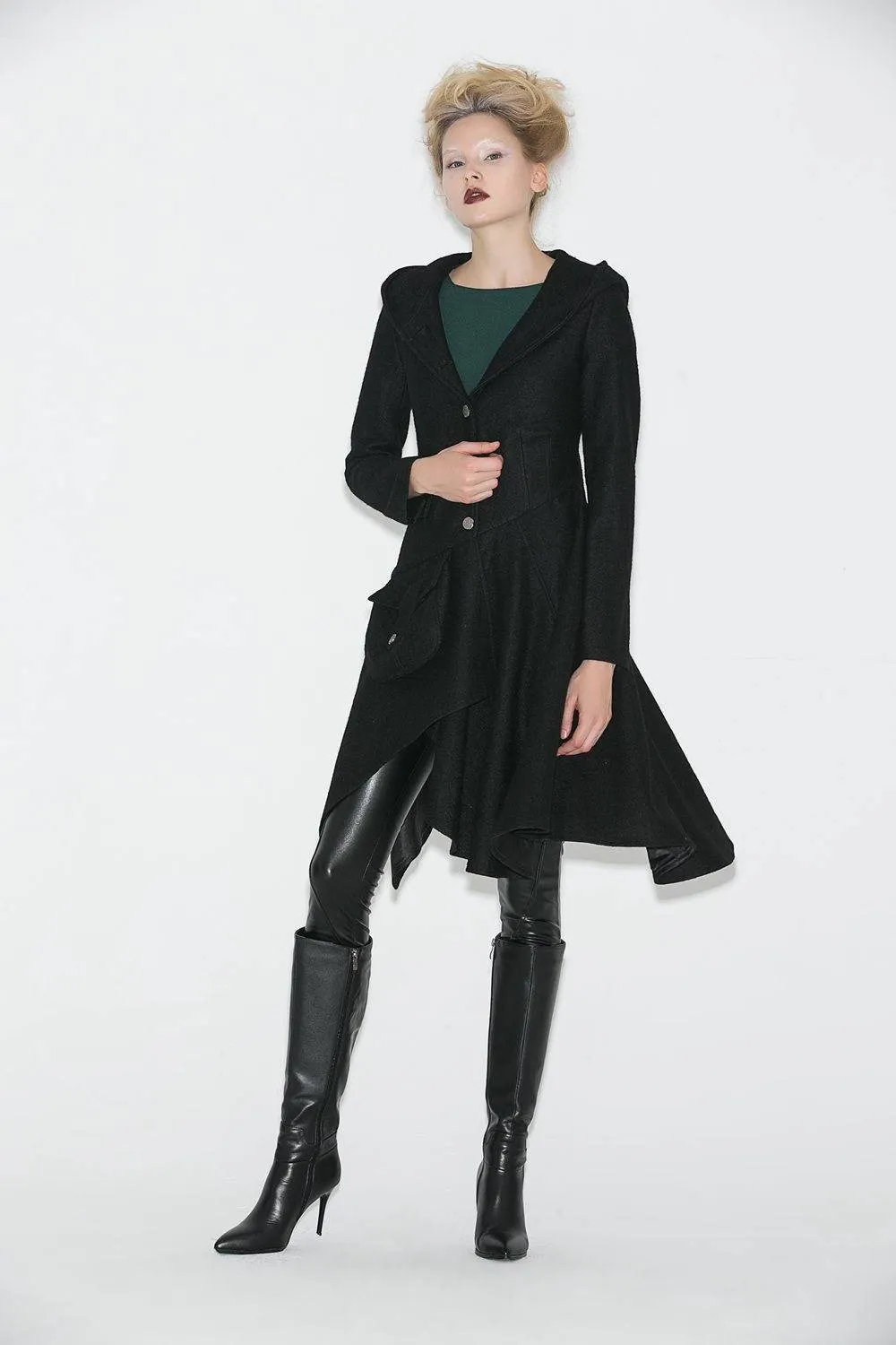 Black Swing Coat - Contemporary Unique Design Winter Jacket with Pixie Rag Hemline and Large Front Pocket C671