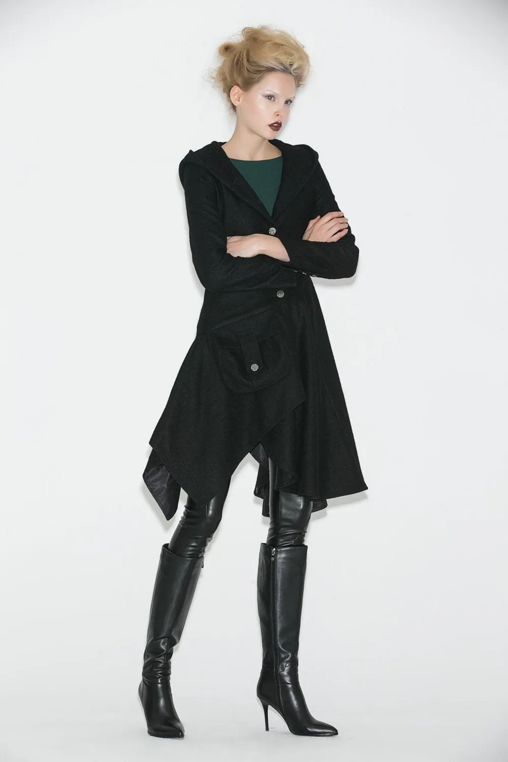 Black Swing Coat - Contemporary Unique Design Winter Jacket with Pixie Rag Hemline and Large Front Pocket C671