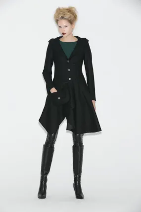 Black Swing Coat - Contemporary Unique Design Winter Jacket with Pixie Rag Hemline and Large Front Pocket C671