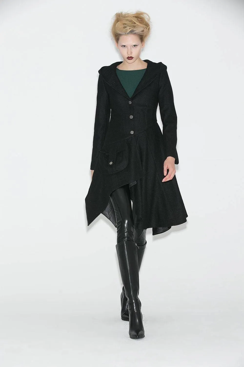 Black Swing Coat - Contemporary Unique Design Winter Jacket with Pixie Rag Hemline and Large Front Pocket C671