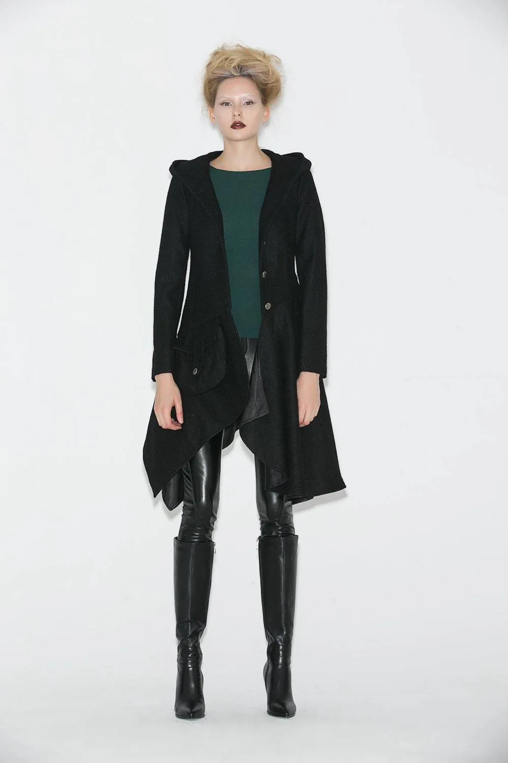 Black Swing Coat - Contemporary Unique Design Winter Jacket with Pixie Rag Hemline and Large Front Pocket C671
