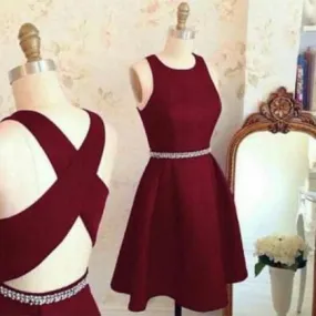 Burgundy Simple Jewel Neck Short Prom Dress with Crisscross Back