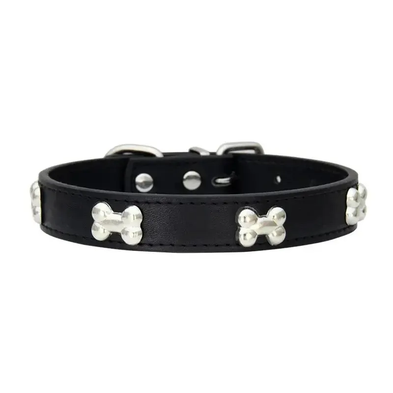 Durable Leather Bone Dog Collar