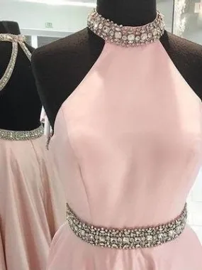 Dusty Pink Beaded Halter Neck Ball Gown Satin Backless Prom Dress