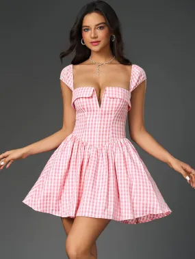 Fly Sleeve V-Neck Plaid Print Mini Dress