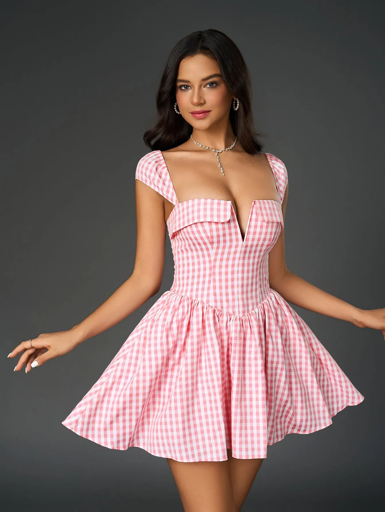 Fly Sleeve V-Neck Plaid Print Mini Dress