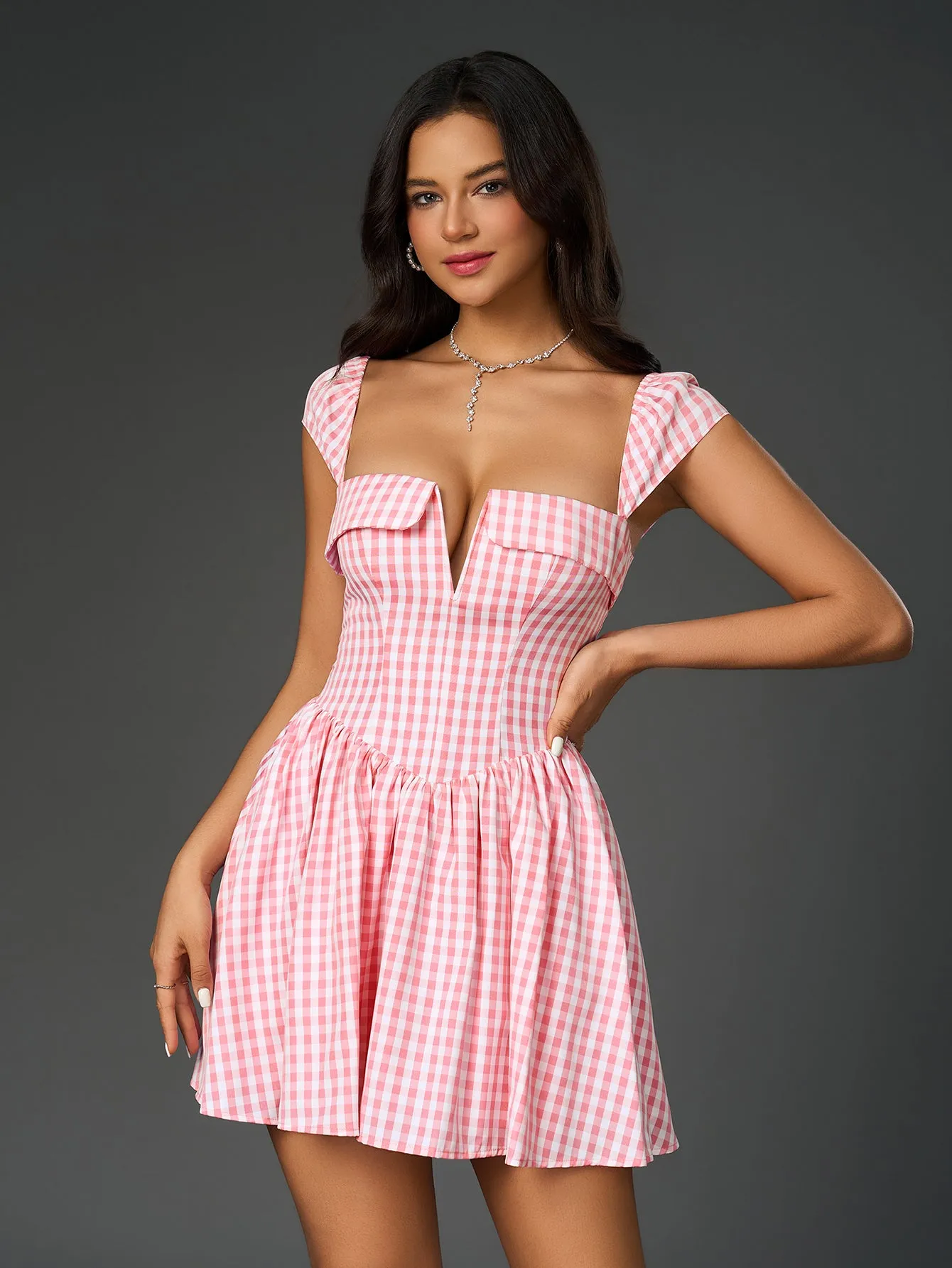 Fly Sleeve V-Neck Plaid Print Mini Dress
