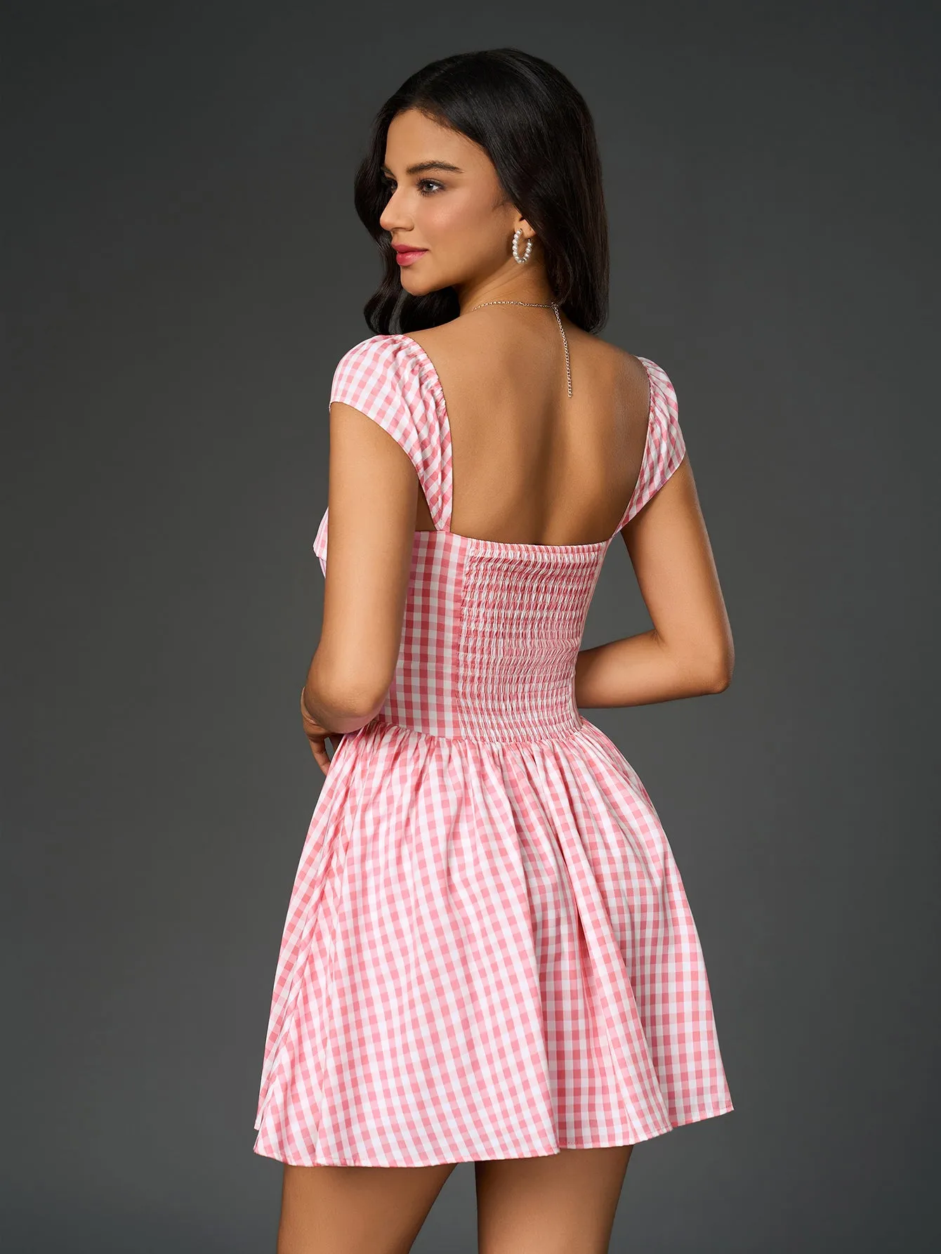 Fly Sleeve V-Neck Plaid Print Mini Dress