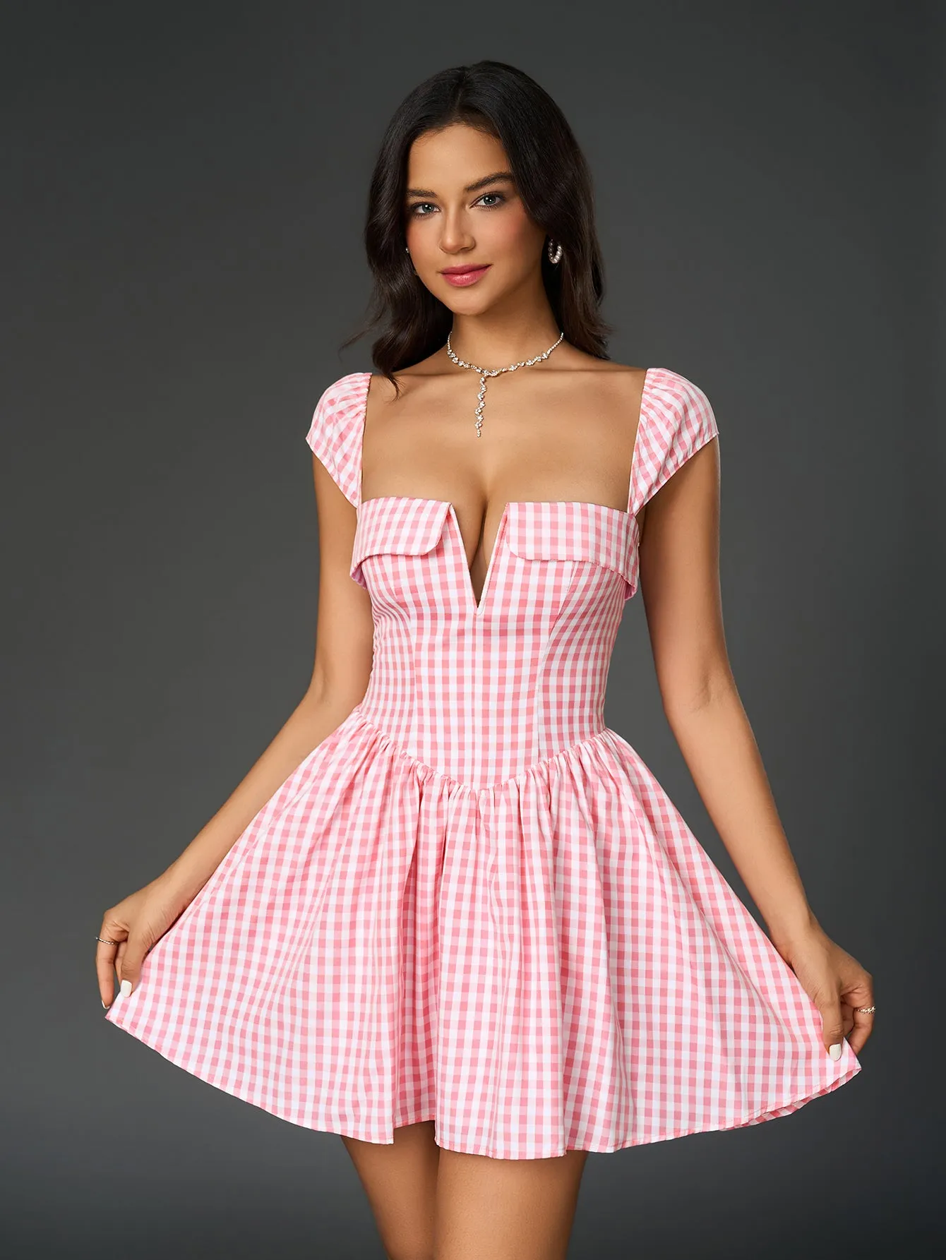 Fly Sleeve V-Neck Plaid Print Mini Dress
