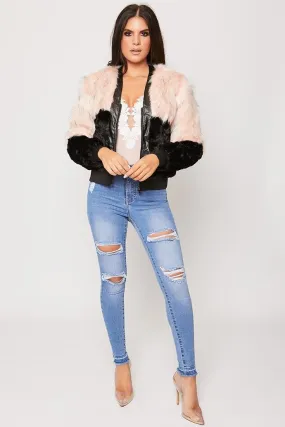 Laynie - Rose & Black Faux Fur With Fleece Zip Up Jacket