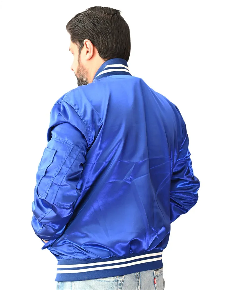 Letterman College Varsity Bomber Satin Jackets Quality Jacket Sports Wear Blue Satin