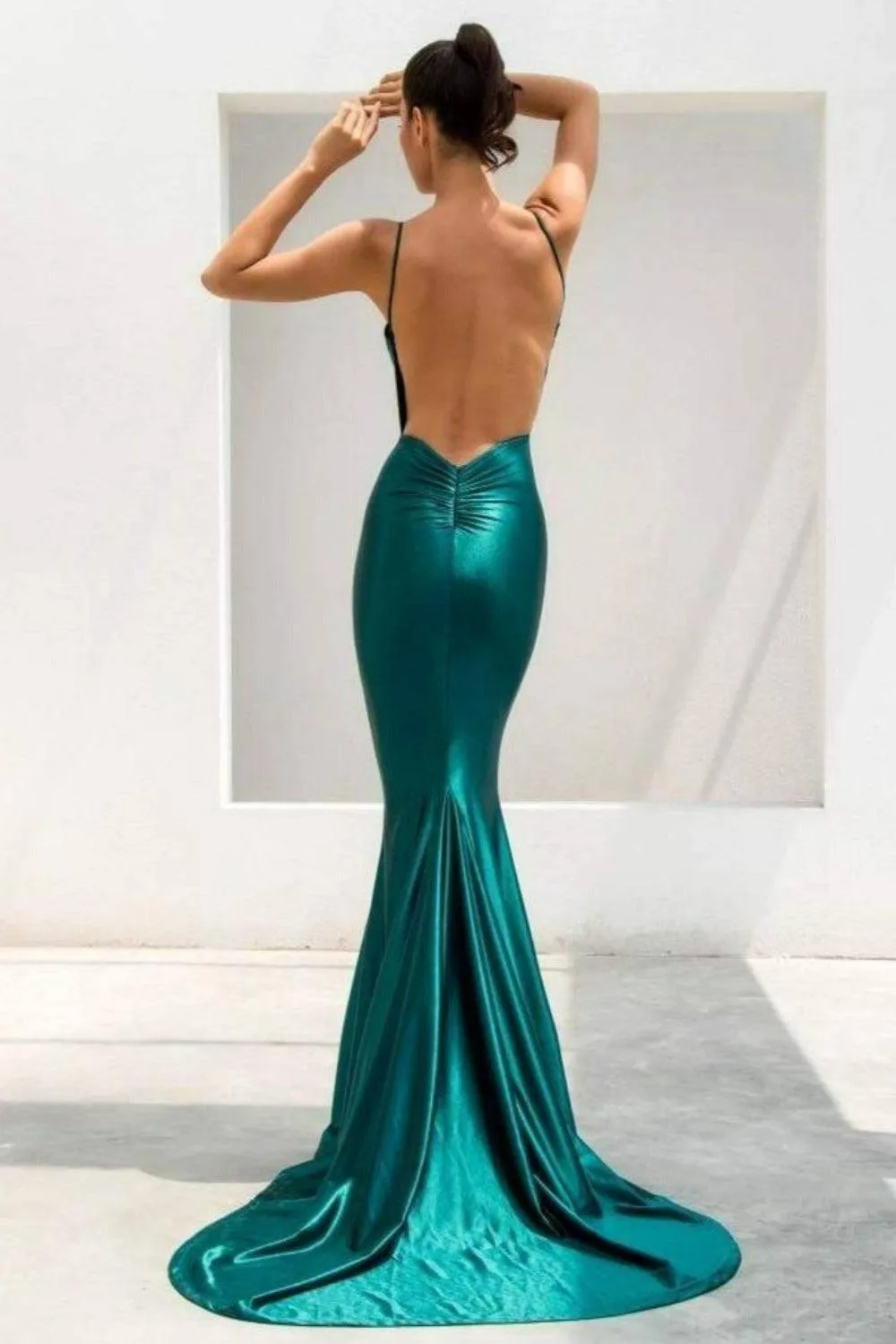 Metallic Shimmer Open Back Satin Forest Green Maxi Dress