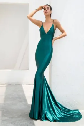 Metallic Shimmer Open Back Satin Forest Green Maxi Dress