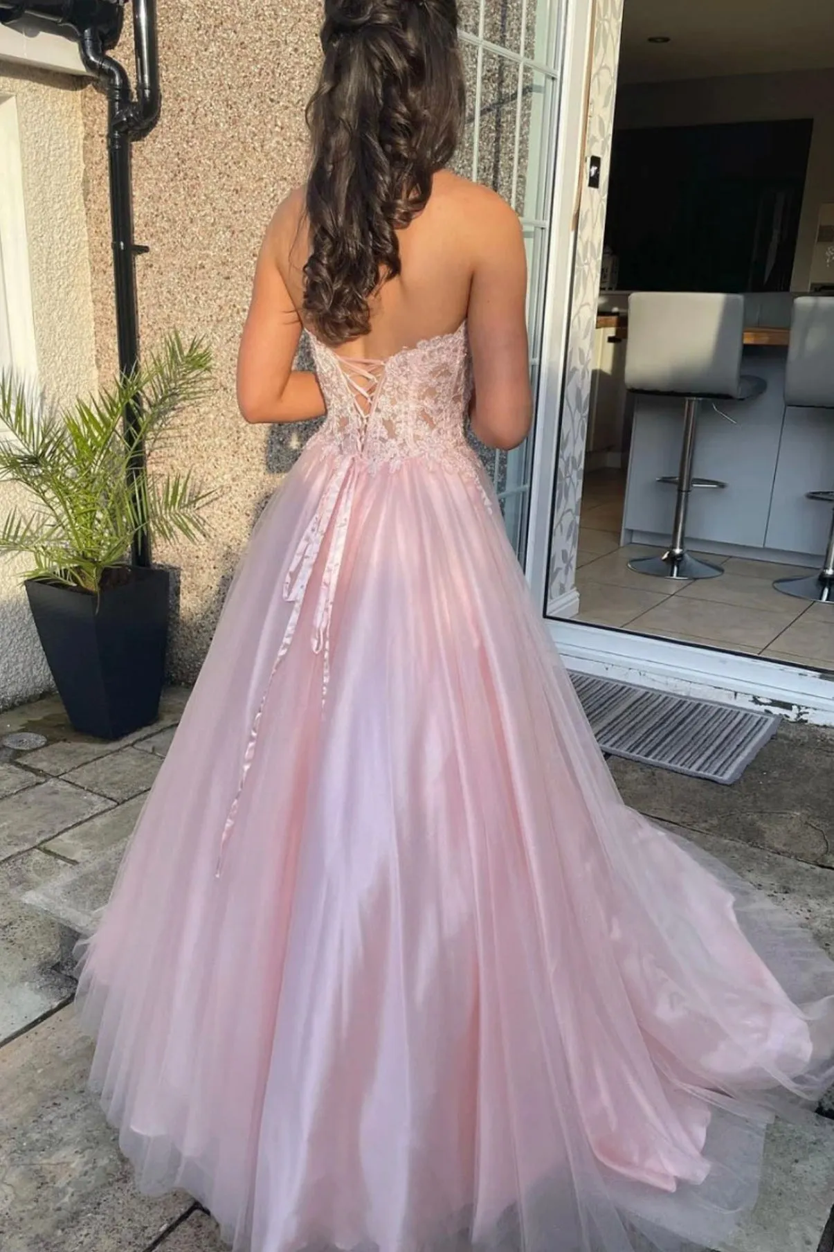 Pink Strapless Tulle Lace Long Prom Dress