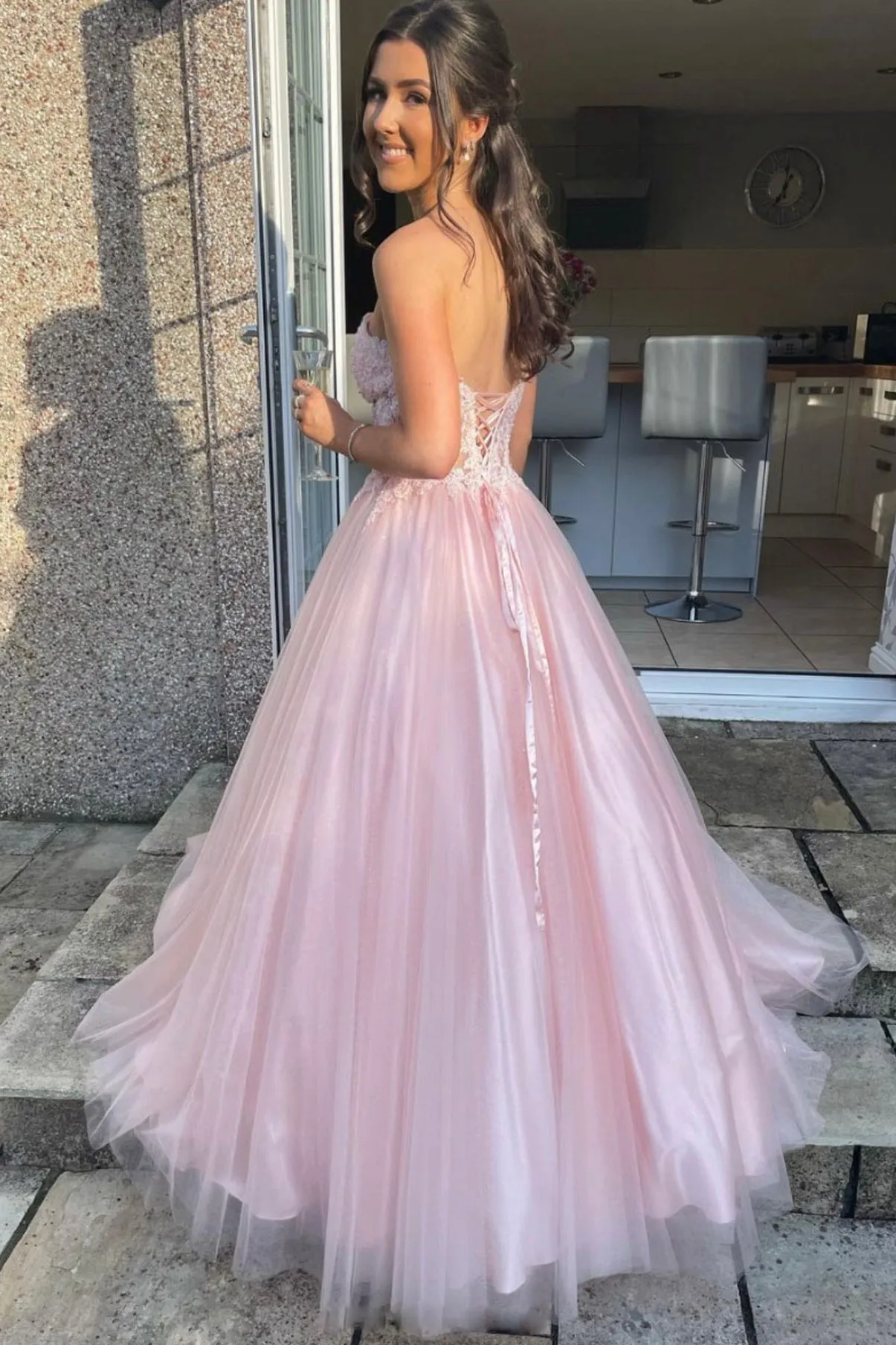 Pink Strapless Tulle Lace Long Prom Dress
