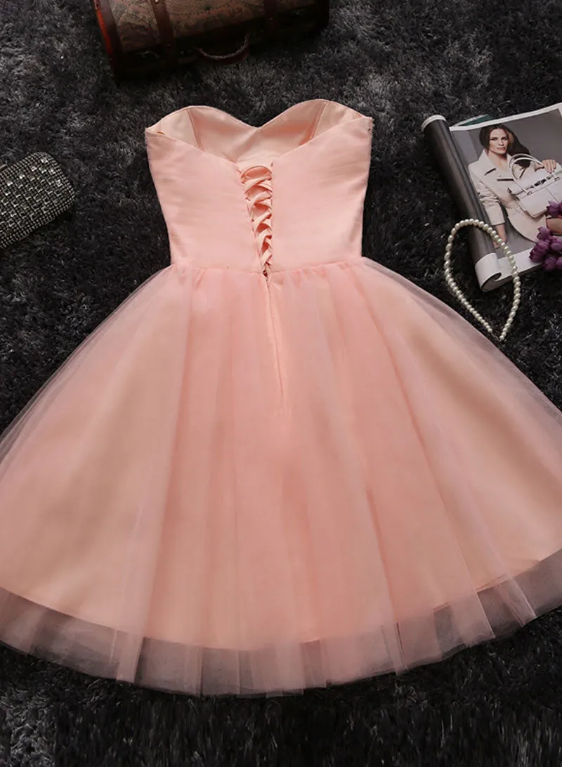 Pink Sweetheart Neck Tulle Short Prom Dress, A-Line Strapless Party Dress