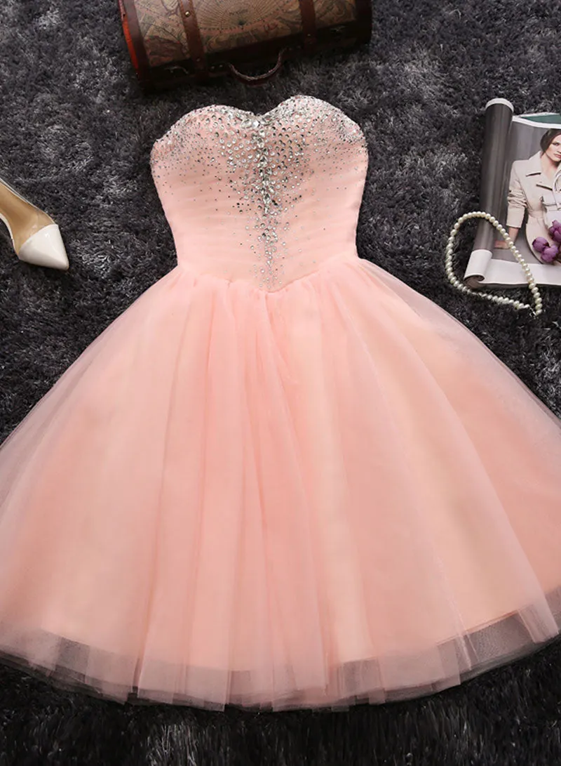 Pink Sweetheart Neck Tulle Short Prom Dress, A-Line Strapless Party Dress