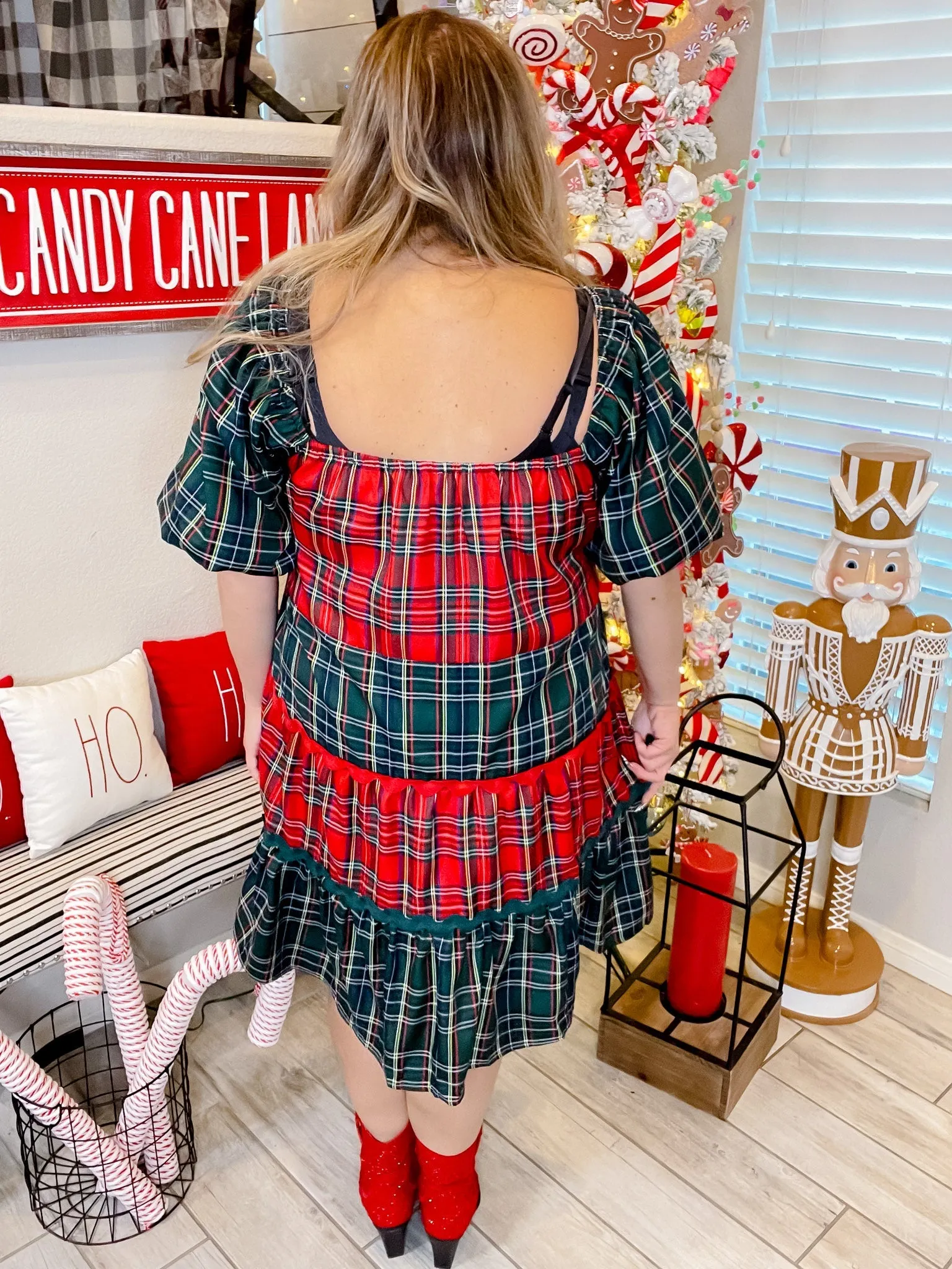 Plaid Sweetheart Neck Babydoll Dress W/ Bubble Sleeves FINAL SALE
