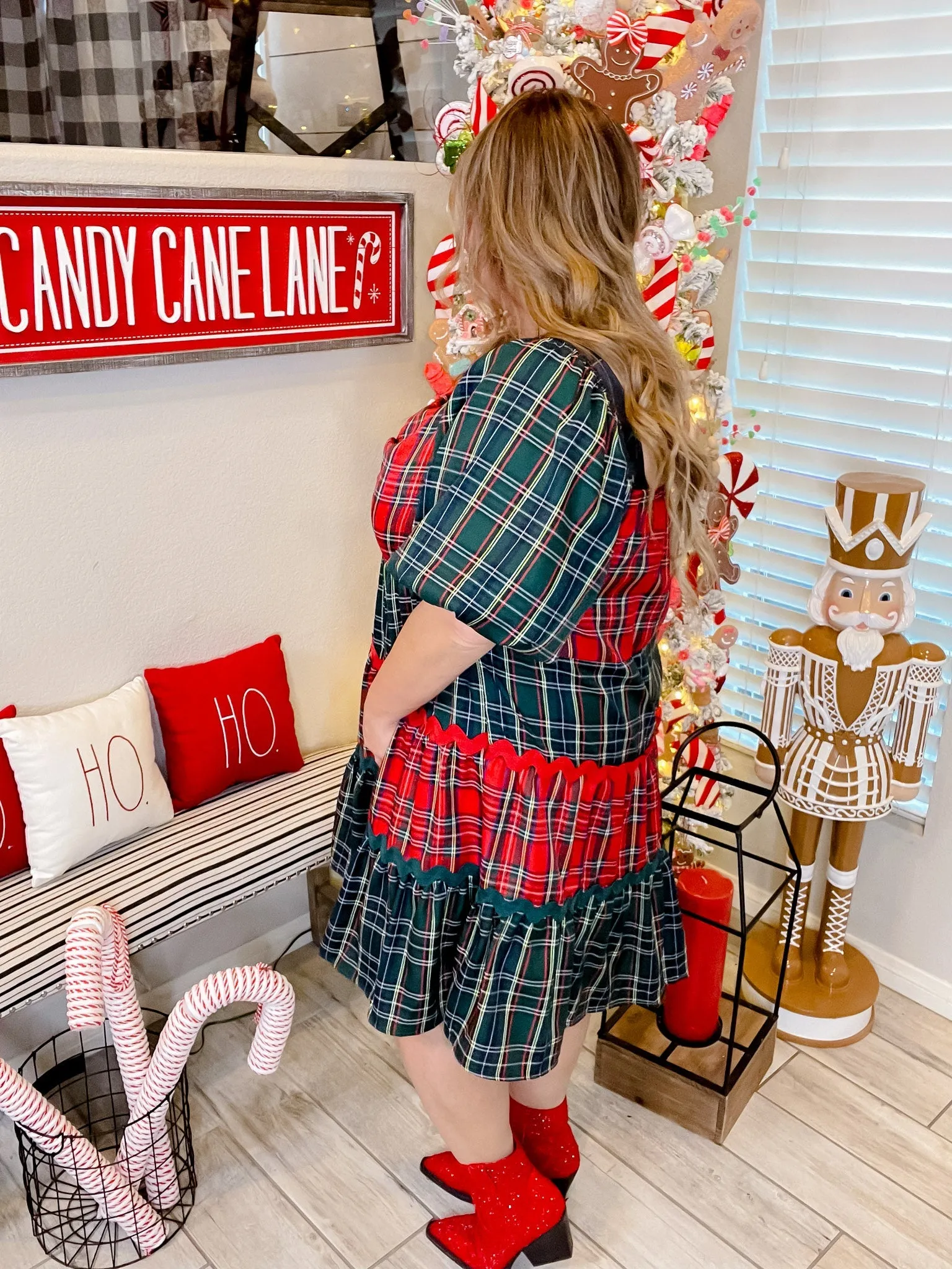 Plaid Sweetheart Neck Babydoll Dress W/ Bubble Sleeves FINAL SALE