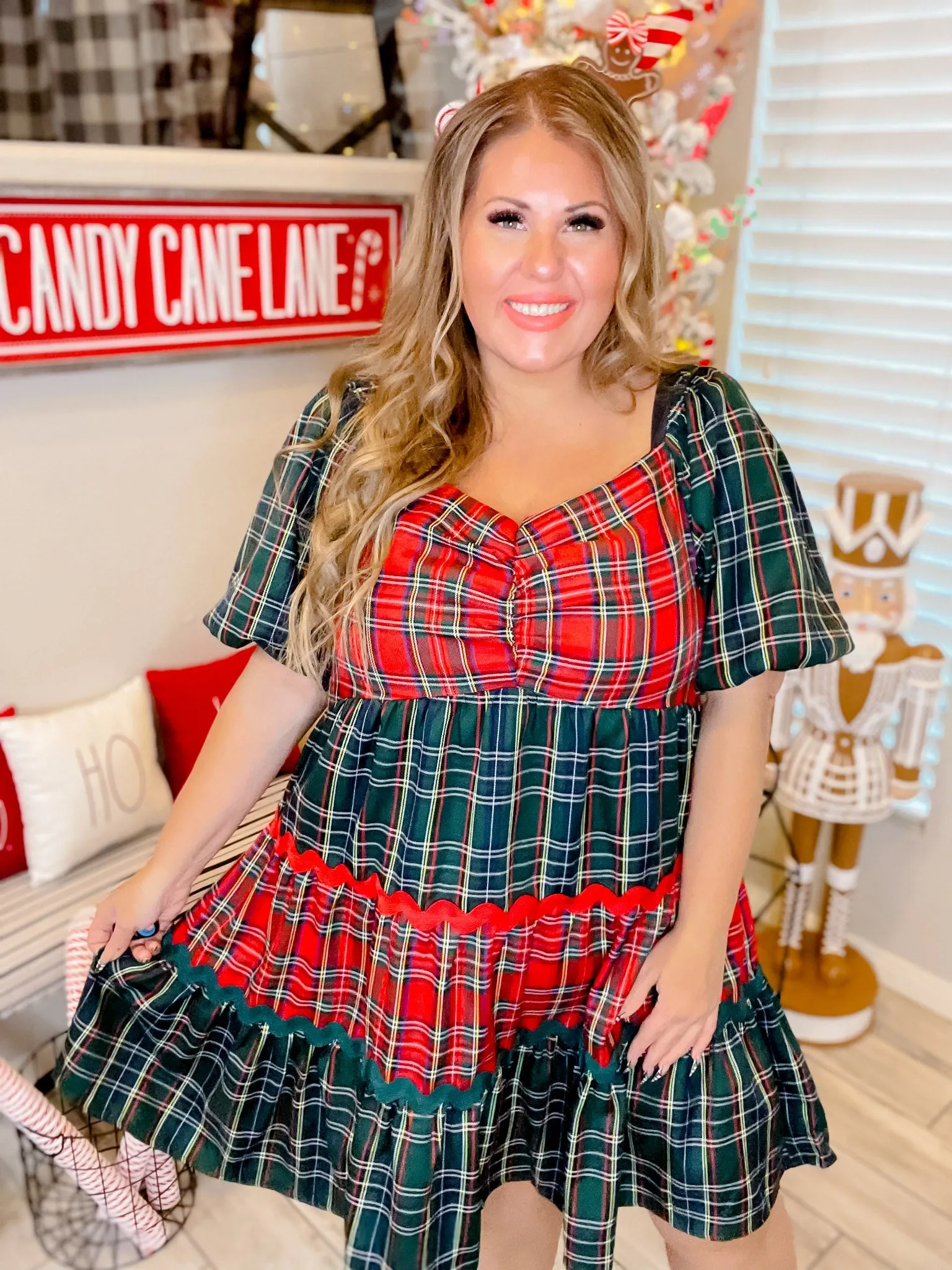 Plaid Sweetheart Neck Babydoll Dress W/ Bubble Sleeves FINAL SALE