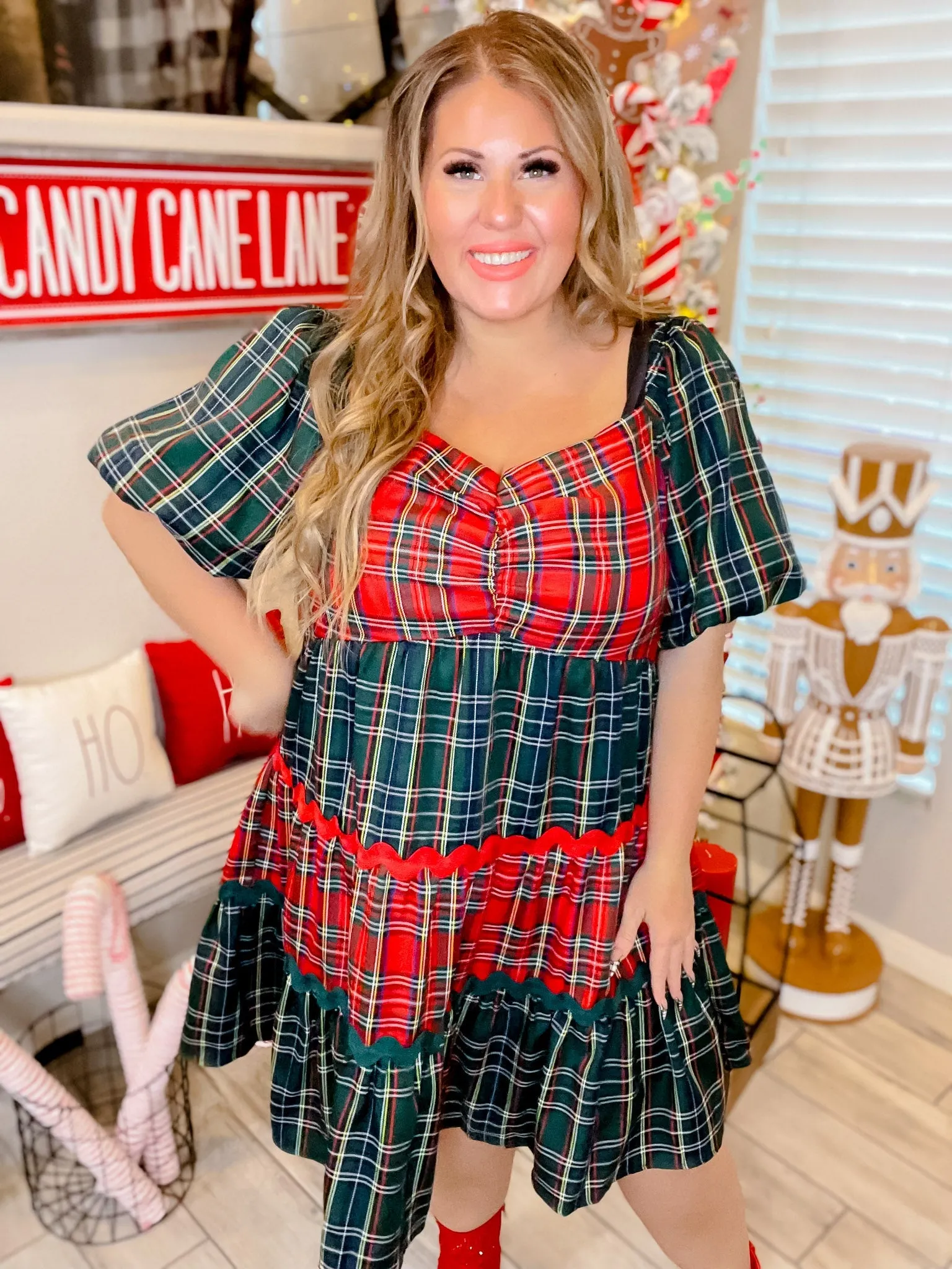 Plaid Sweetheart Neck Babydoll Dress W/ Bubble Sleeves FINAL SALE