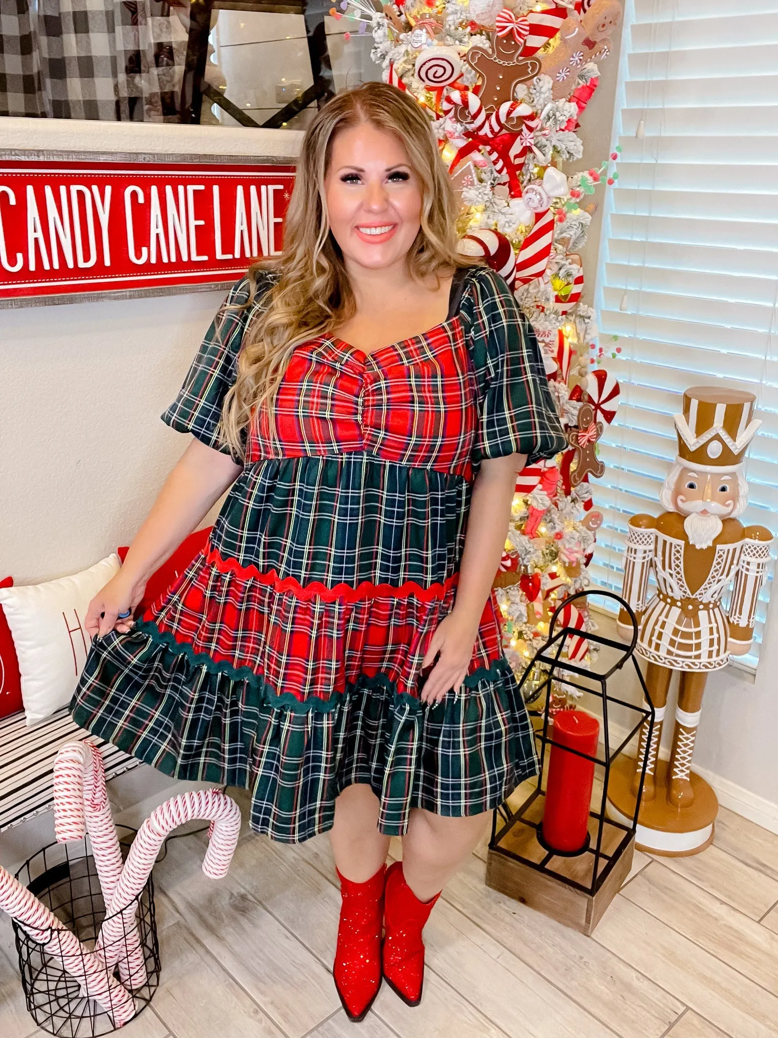 Plaid Sweetheart Neck Babydoll Dress W/ Bubble Sleeves FINAL SALE
