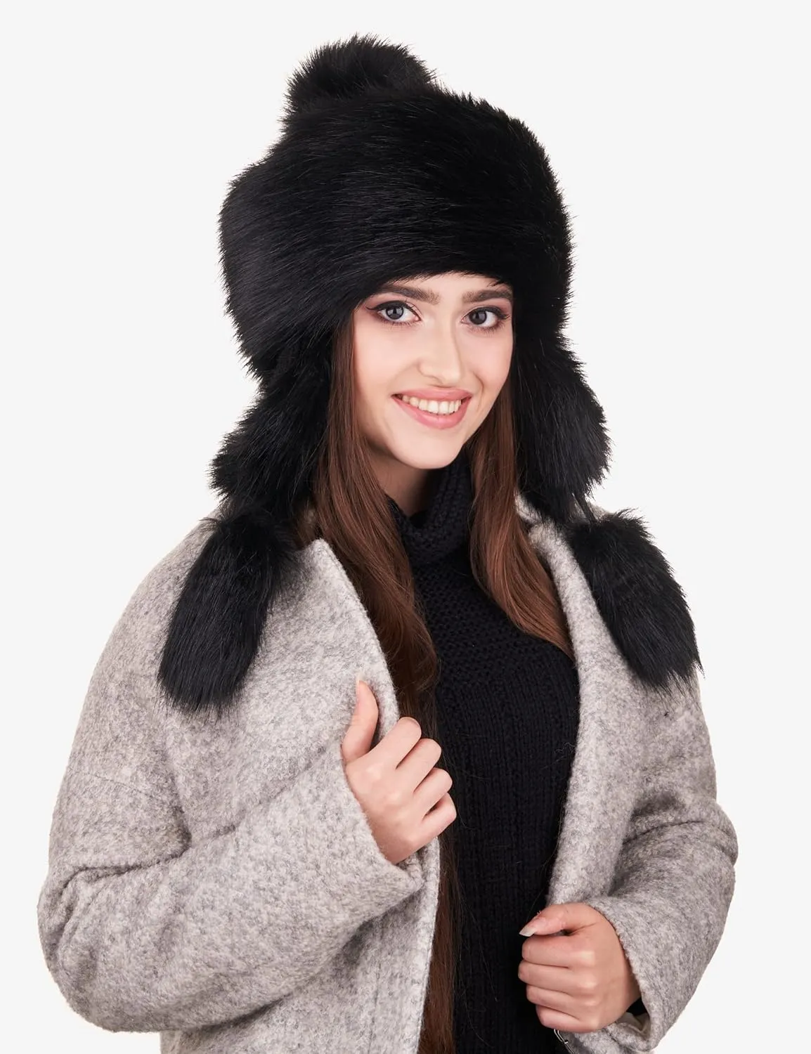 Russian Faux Fur Beige/Brown Lined Winter Knit Trapper Hat