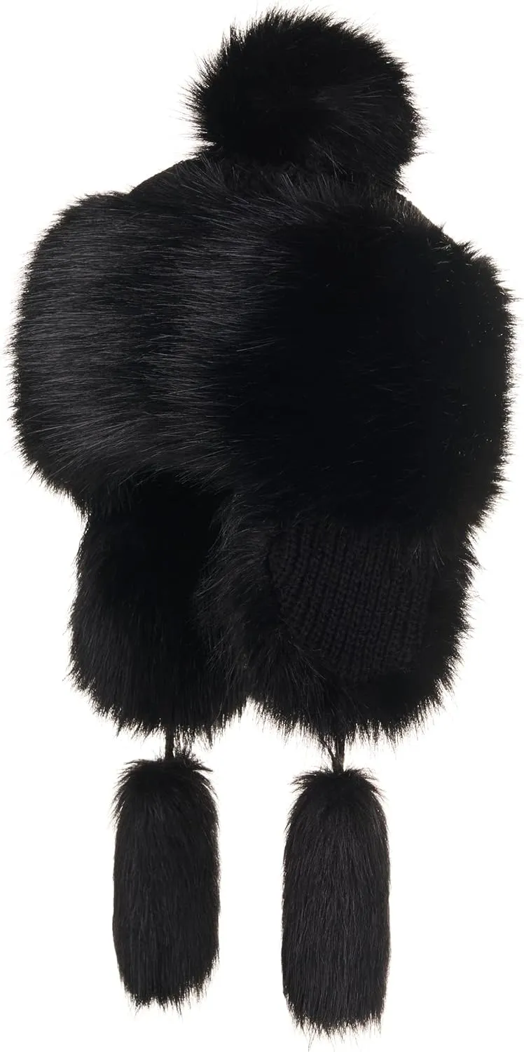 Russian Faux Fur Beige/Brown Lined Winter Knit Trapper Hat