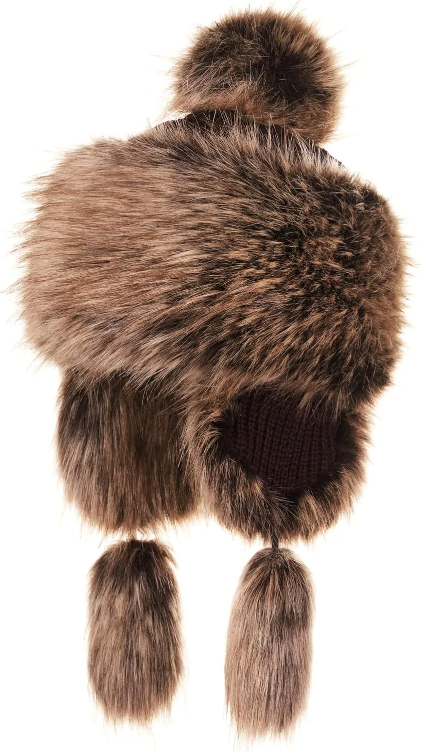 Russian Faux Fur Beige/Brown Lined Winter Knit Trapper Hat