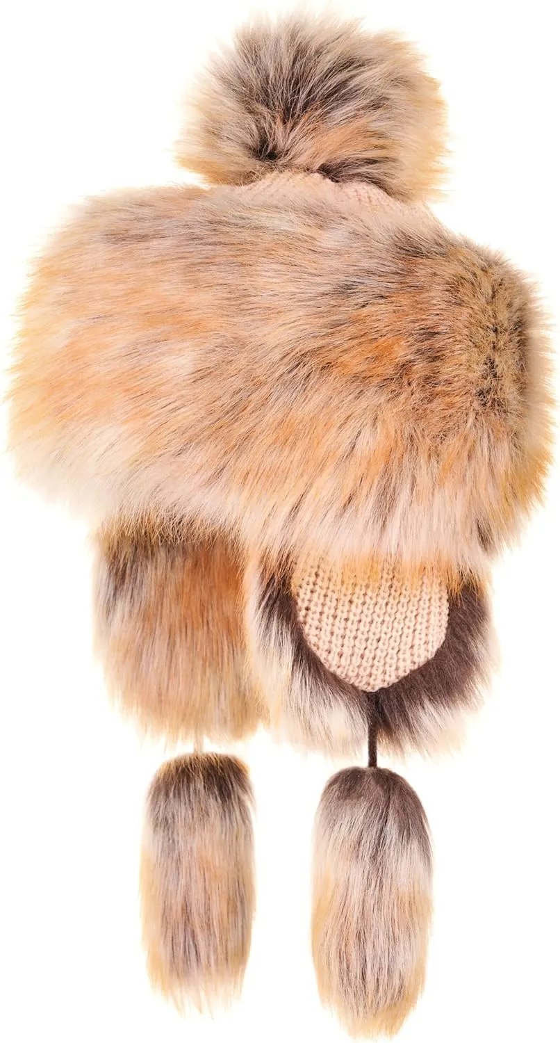 Russian Faux Fur Beige/Brown Lined Winter Knit Trapper Hat