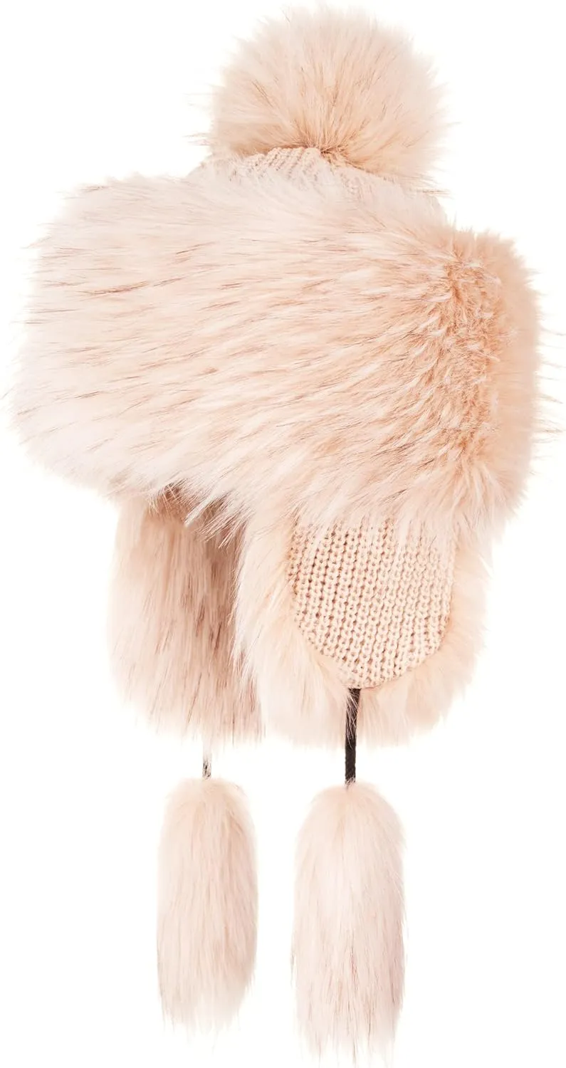 Russian Faux Fur Beige/Brown Lined Winter Knit Trapper Hat