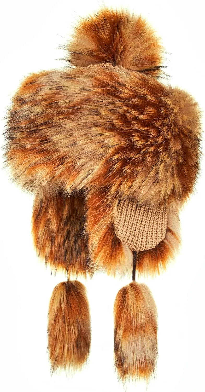Russian Faux Fur Beige/Brown Lined Winter Knit Trapper Hat