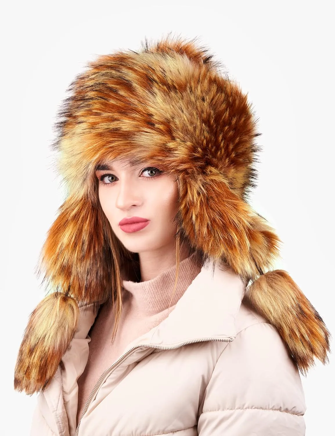 Russian Faux Fur Beige/Brown Lined Winter Knit Trapper Hat