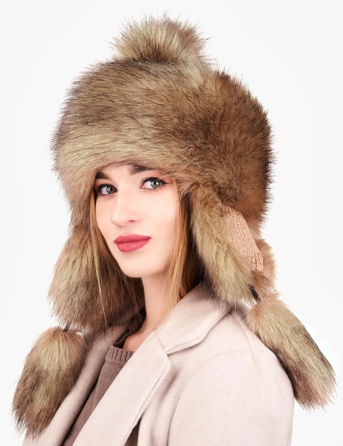 Russian Faux Fur Beige/Brown Lined Winter Knit Trapper Hat