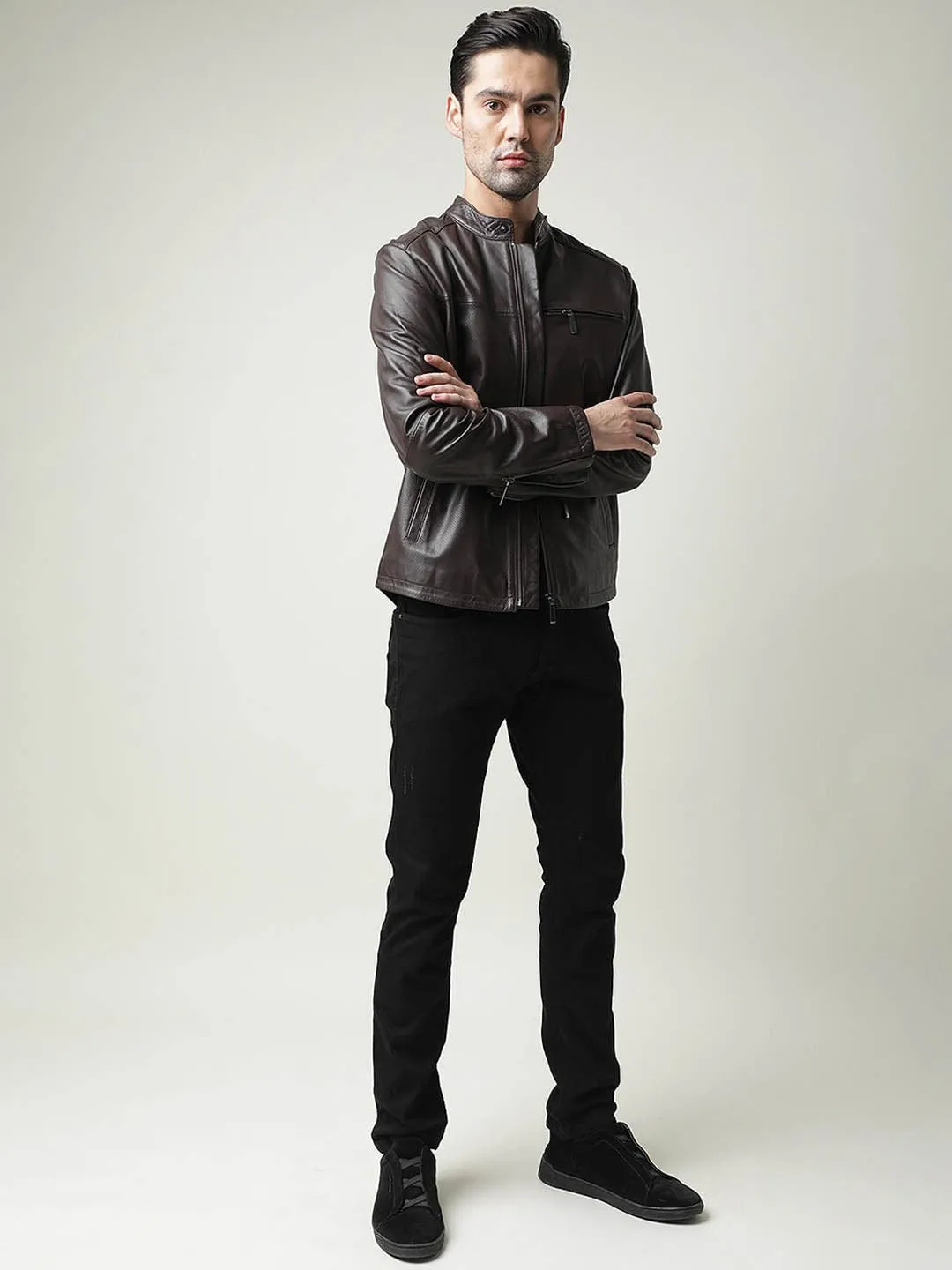 Shop Men Brown Leather Biker Jacket | QAWACH