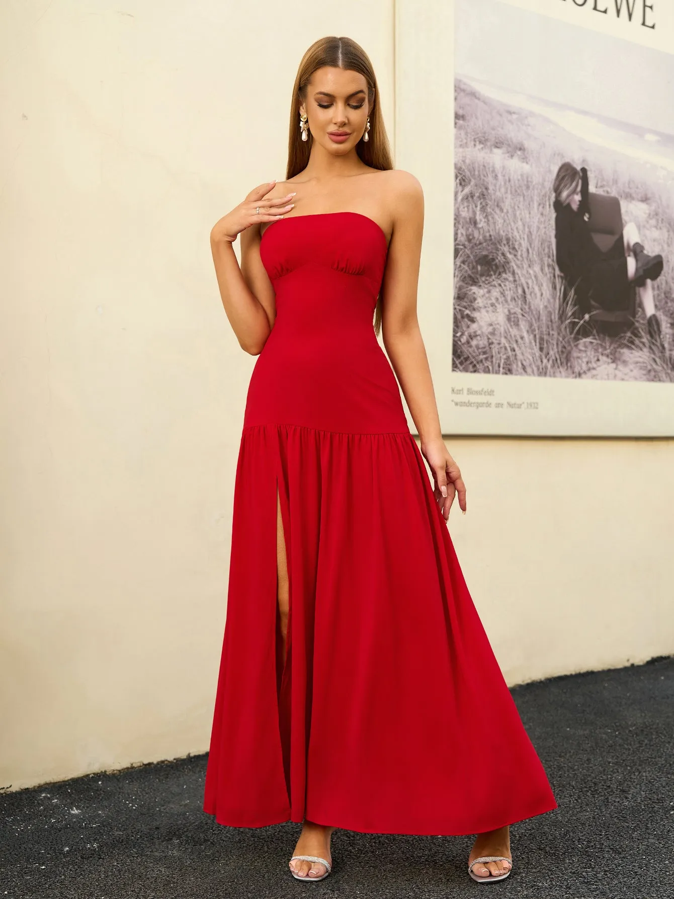 Strapless Crisscross Tie Back Split Thigh Solid Dress