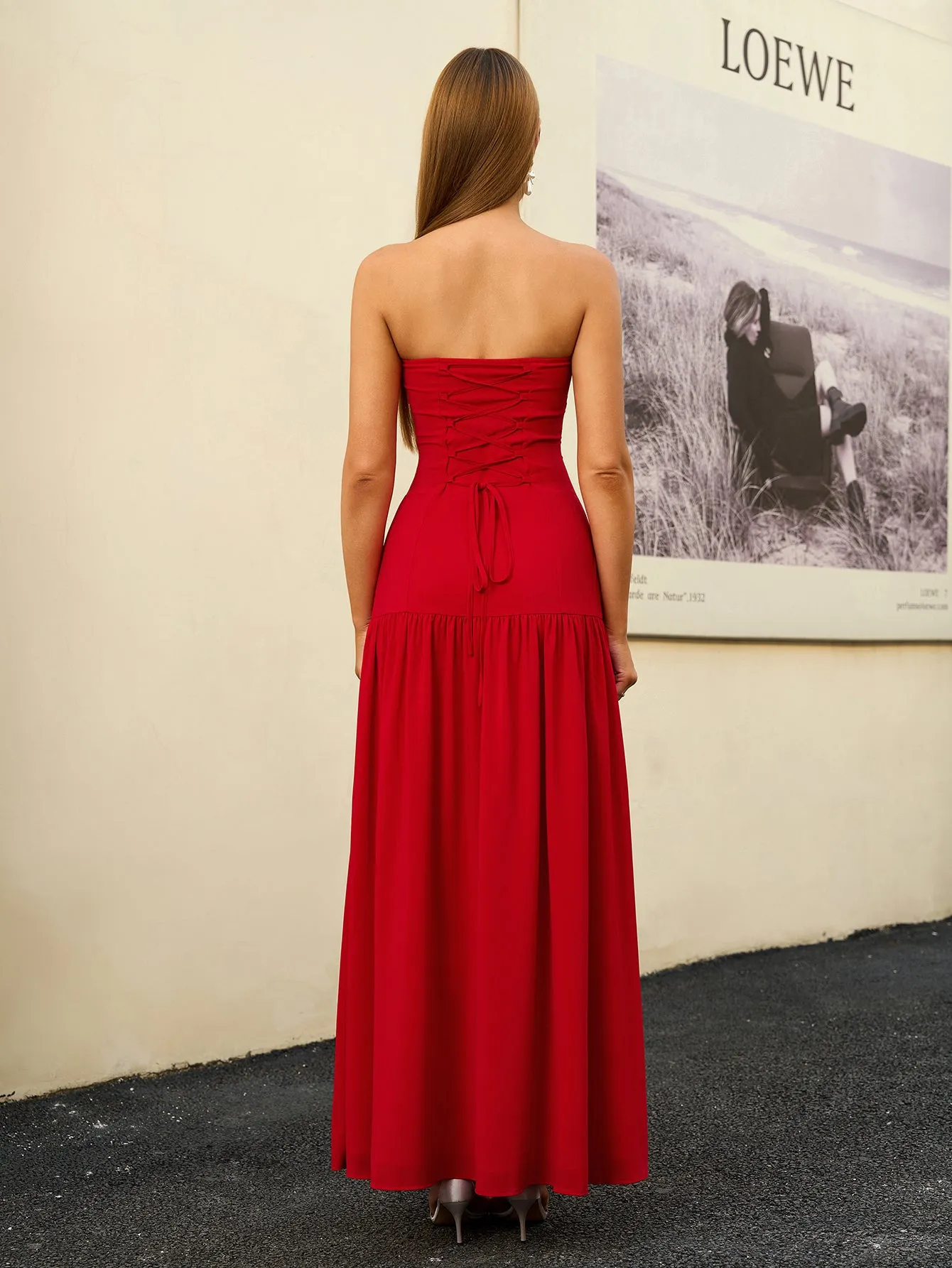 Strapless Crisscross Tie Back Split Thigh Solid Dress