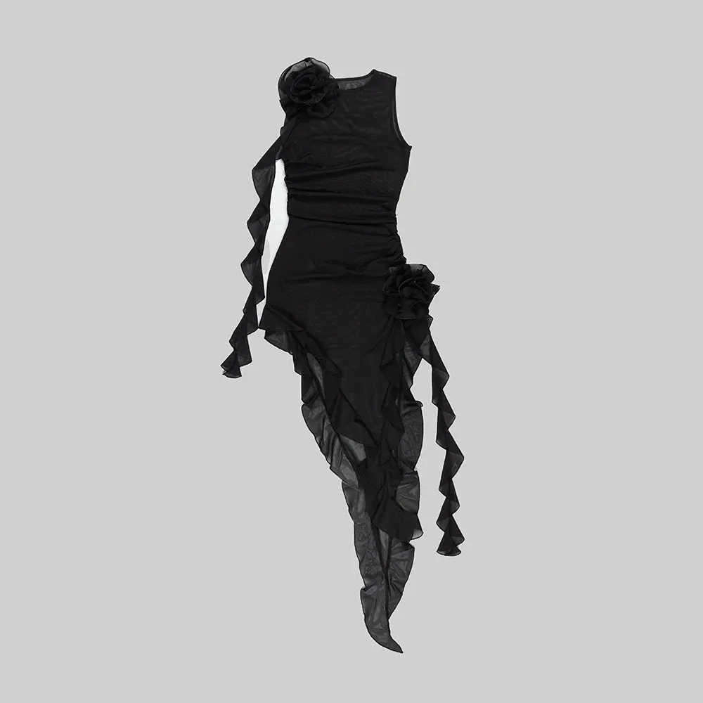 Trend4us Floral Ruffle Asymmetrical Midi Dress