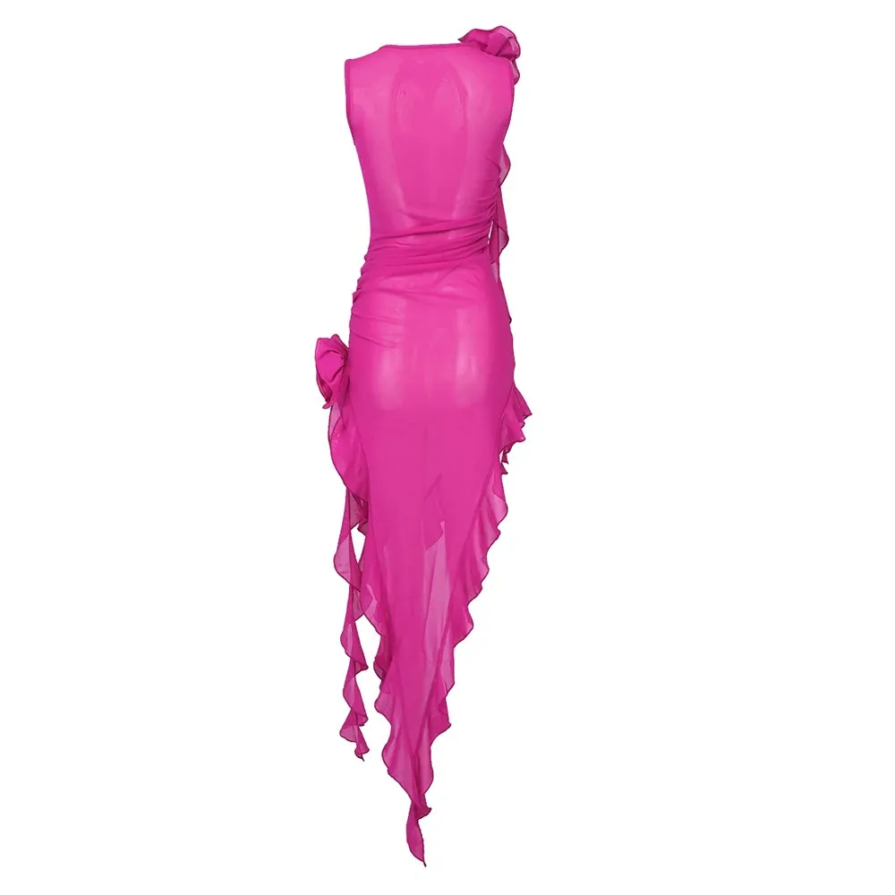 Trend4us Floral Ruffle Asymmetrical Midi Dress
