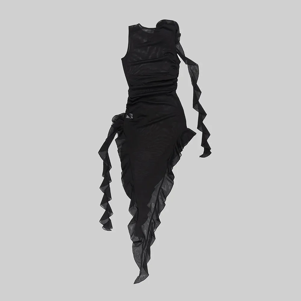 Trend4us Floral Ruffle Asymmetrical Midi Dress