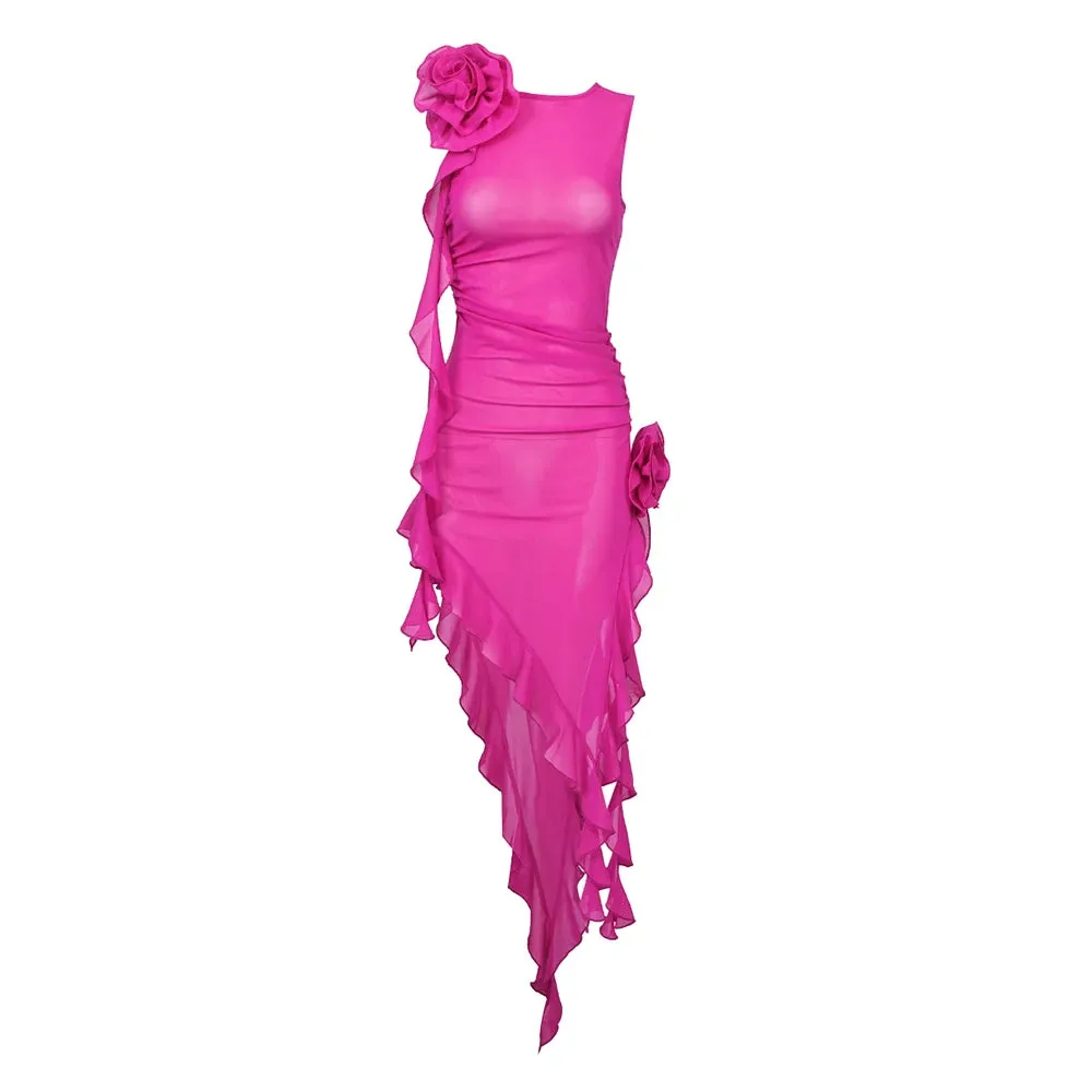 Trend4us Floral Ruffle Asymmetrical Midi Dress