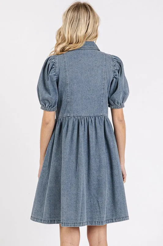 Washed Denim Puff Sleeve Dress