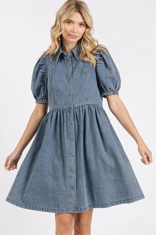 Washed Denim Puff Sleeve Dress