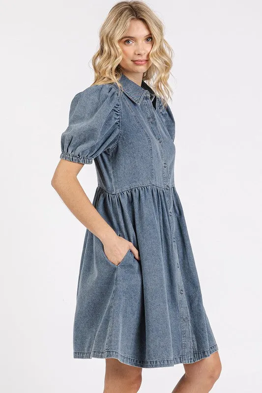 Washed Denim Puff Sleeve Dress