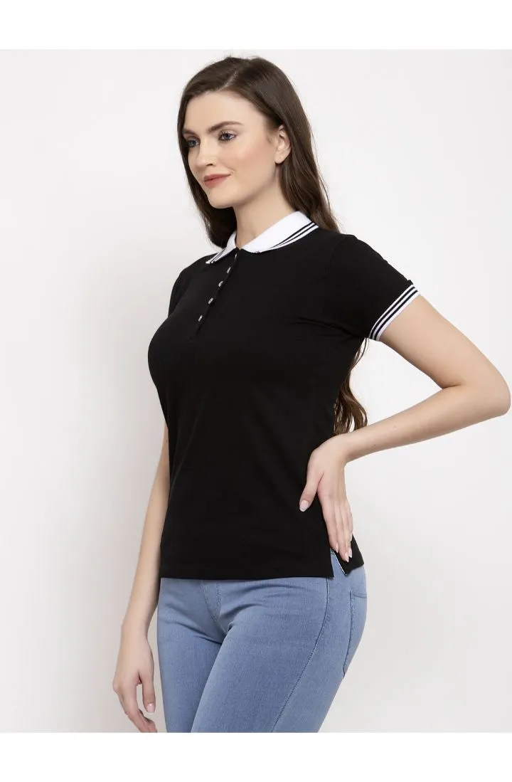 Women Black & White Polo Collar T-shirt