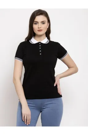 Women Black & White Polo Collar T-shirt
